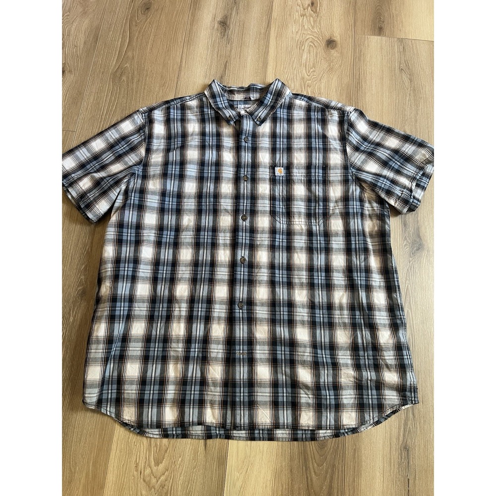 Carhartt Mens 2XL Plaid Short Sleeve Button Up Shirt Cotton Blue Brown Workwear